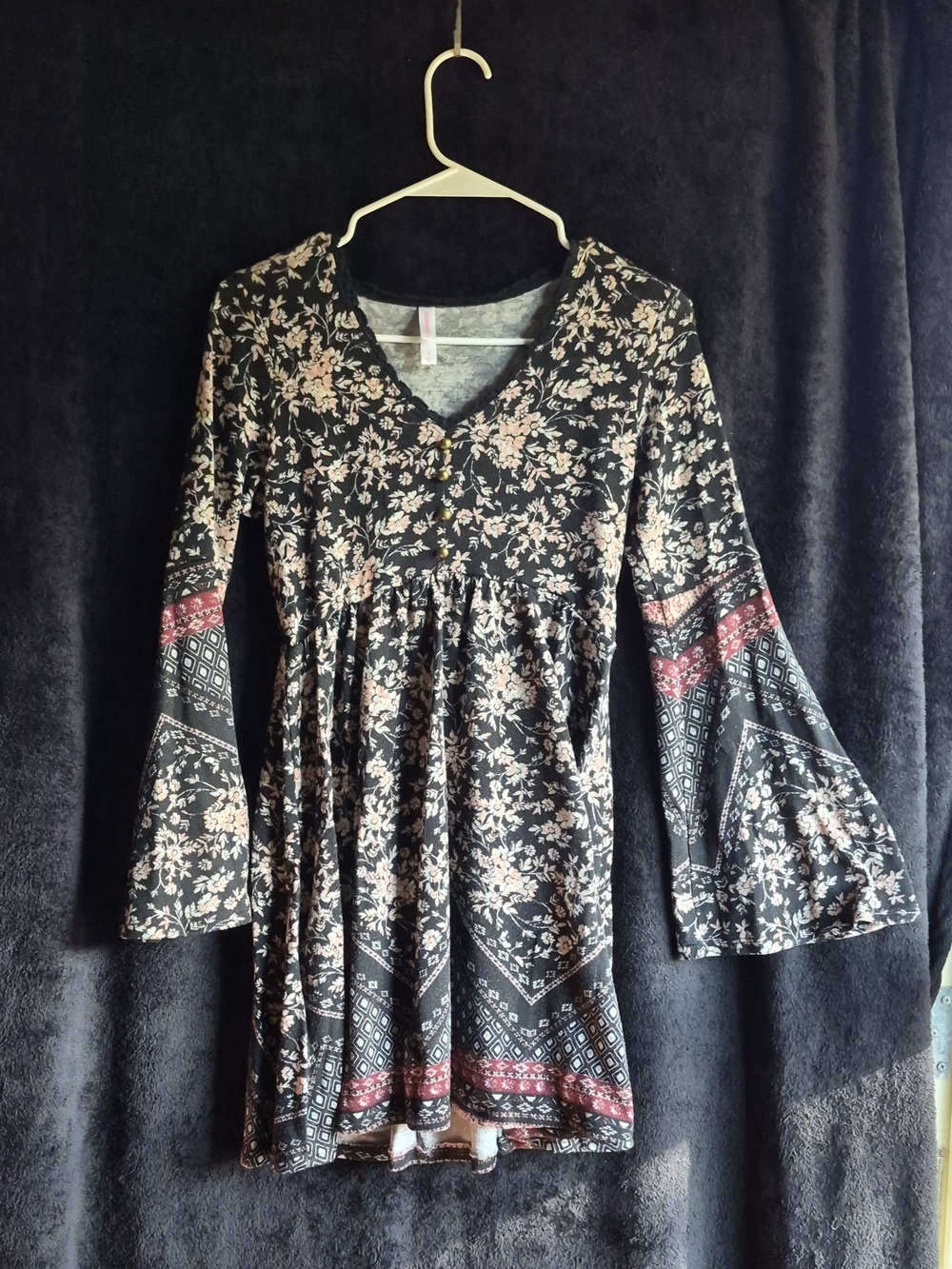 Xhilaration Black Floral Long Sleeve Bell Sleeve Dress with Pink Accents
